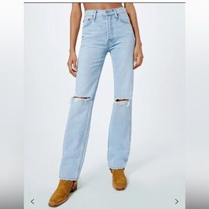 Re/Done Light Blue Straight Leg Jeans with Knee Rips